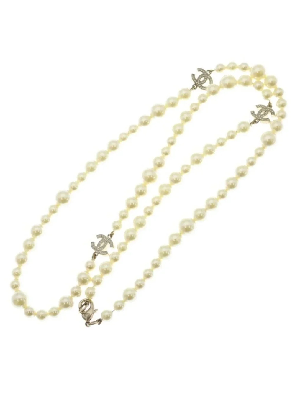 Chanel CC Logo Rhinestone Faux Pearl Long Necklace White Gold